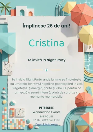 Poolside Graphic este un model de invitații online pentru o aniversare adultă, definit vizual de umbrele abstracte și reflexii de apă.