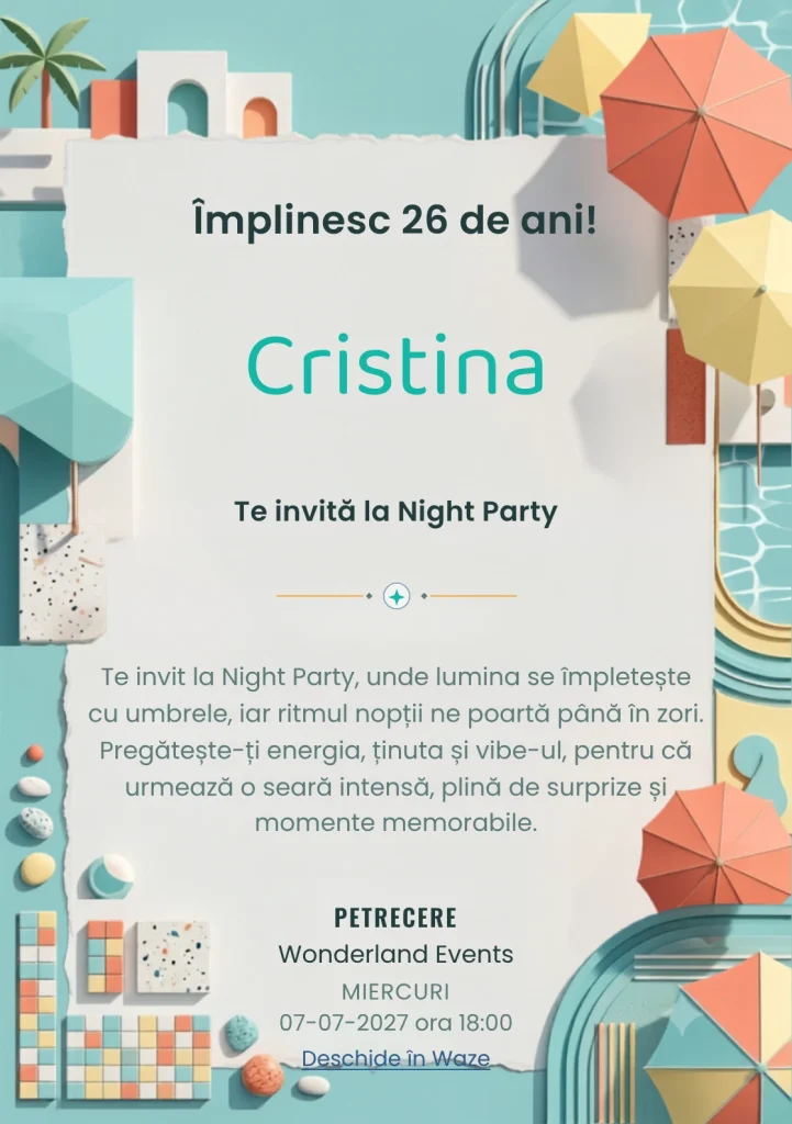 Poolside Graphic este un model de invitații online pentru o aniversare adultă, definit vizual de umbrele abstracte și reflexii de apă.