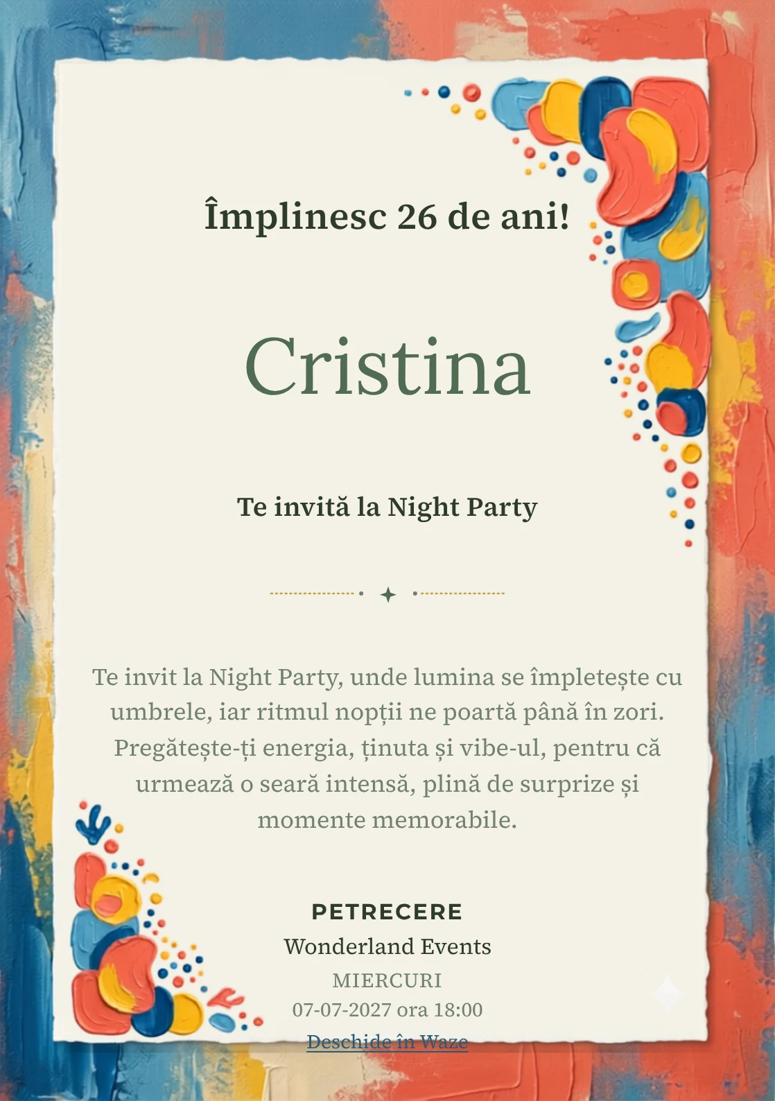 Pentru aniversarea adulților, modelul Pop Geometric propune o invitație digitală cu forme plate și puncte ritmice și nuanțe de roșu coral și bleu.