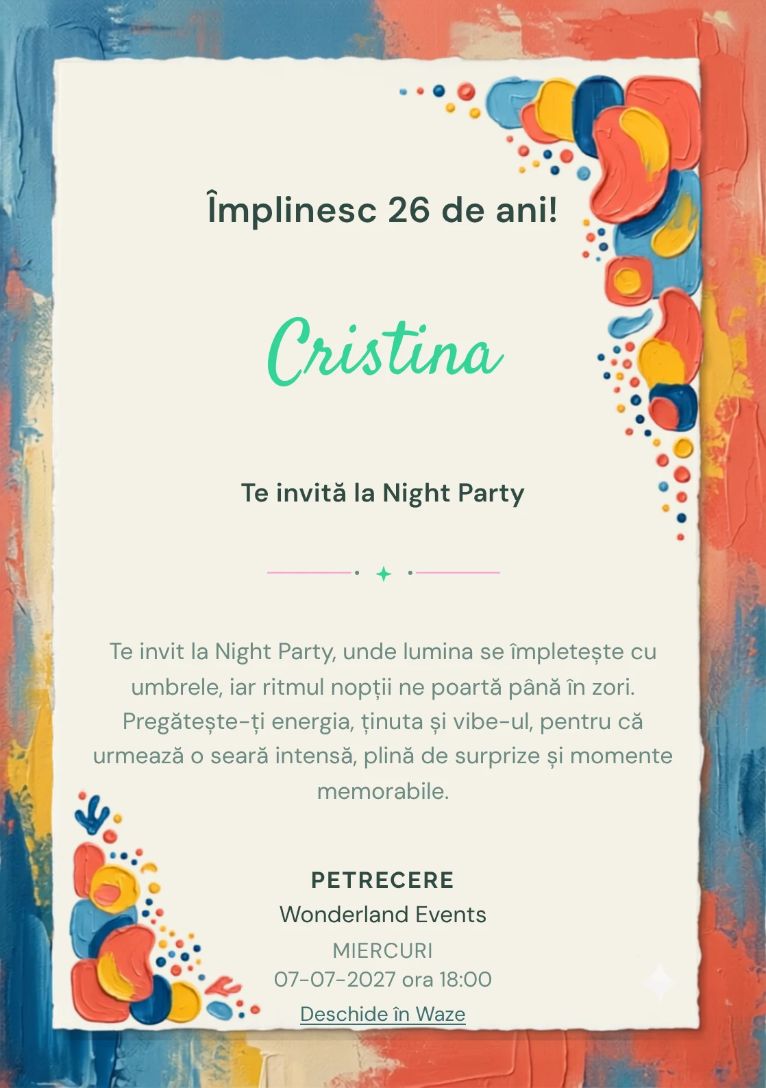 Pentru aniversarea adulților, modelul Pop Geometric propune o invitație digitală cu forme plate și puncte ritmice și nuanțe de roșu coral și bleu.
