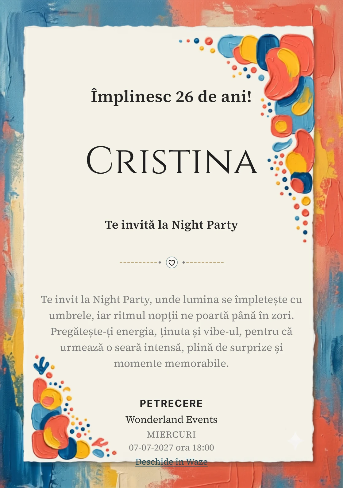 Pentru aniversarea adulților, modelul Pop Geometric propune o invitație digitală cu forme plate și puncte ritmice și nuanțe de roșu coral și bleu.