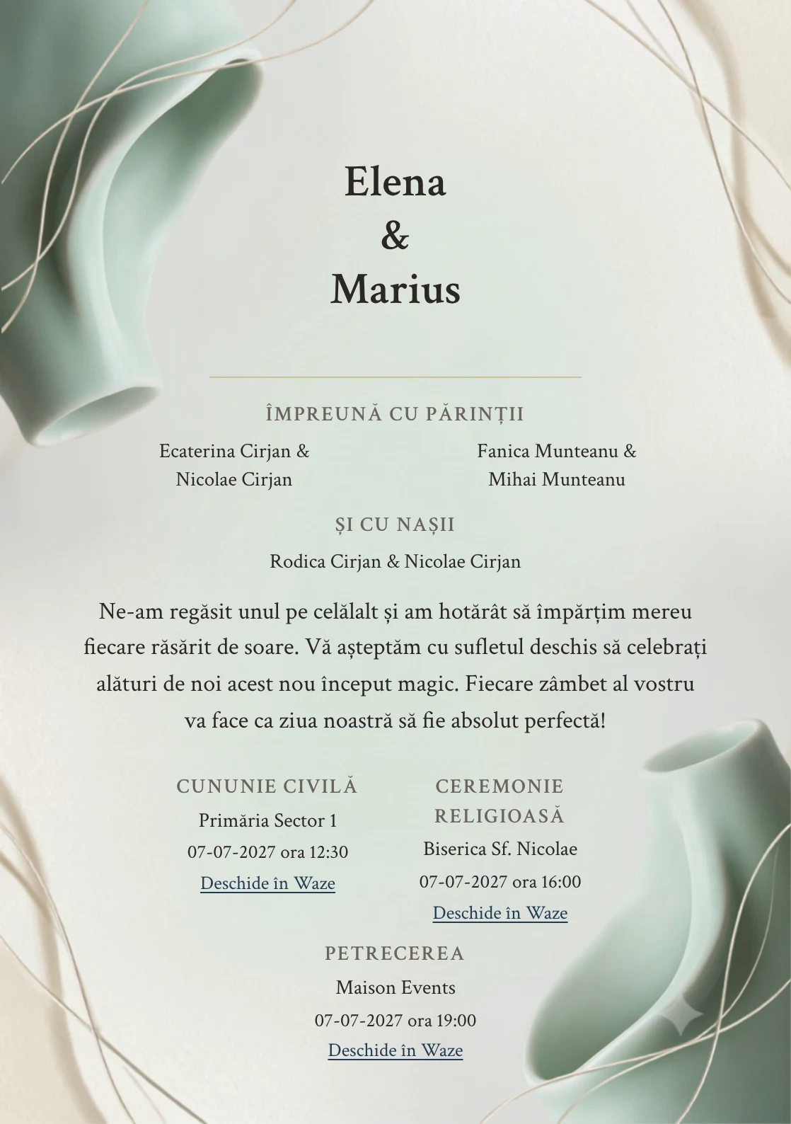 Porțelan Celadon, în colecția de invitații nuntă, are ca reper vizual două forme de porțelan celadon, în nuanțe de porțelan celadon, ivory mineral și aur alb.