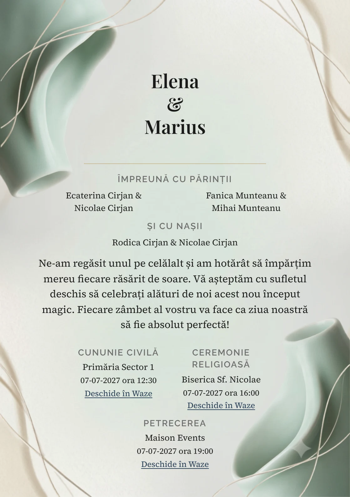 Porțelan Celadon, în colecția de invitații nuntă, are ca reper vizual două forme de porțelan celadon, în nuanțe de porțelan celadon, ivory mineral și aur alb.