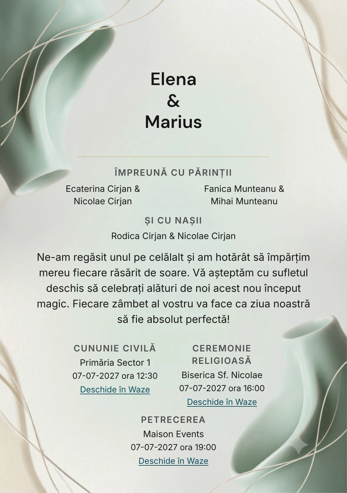 Porțelan Celadon, în colecția de invitații nuntă, are ca reper vizual două forme de porțelan celadon, în nuanțe de porțelan celadon, ivory mineral și aur alb.
