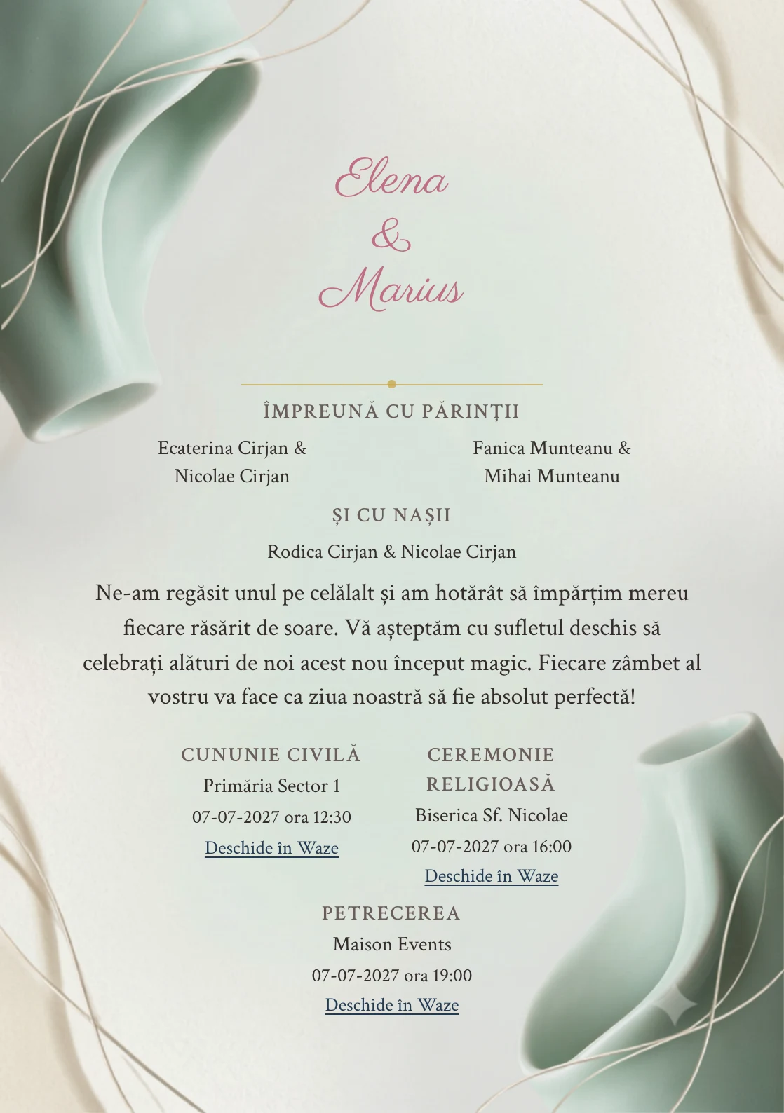 Porțelan Celadon, în colecția de invitații nuntă, are ca reper vizual două forme de porțelan celadon, în nuanțe de porțelan celadon, ivory mineral și aur alb.