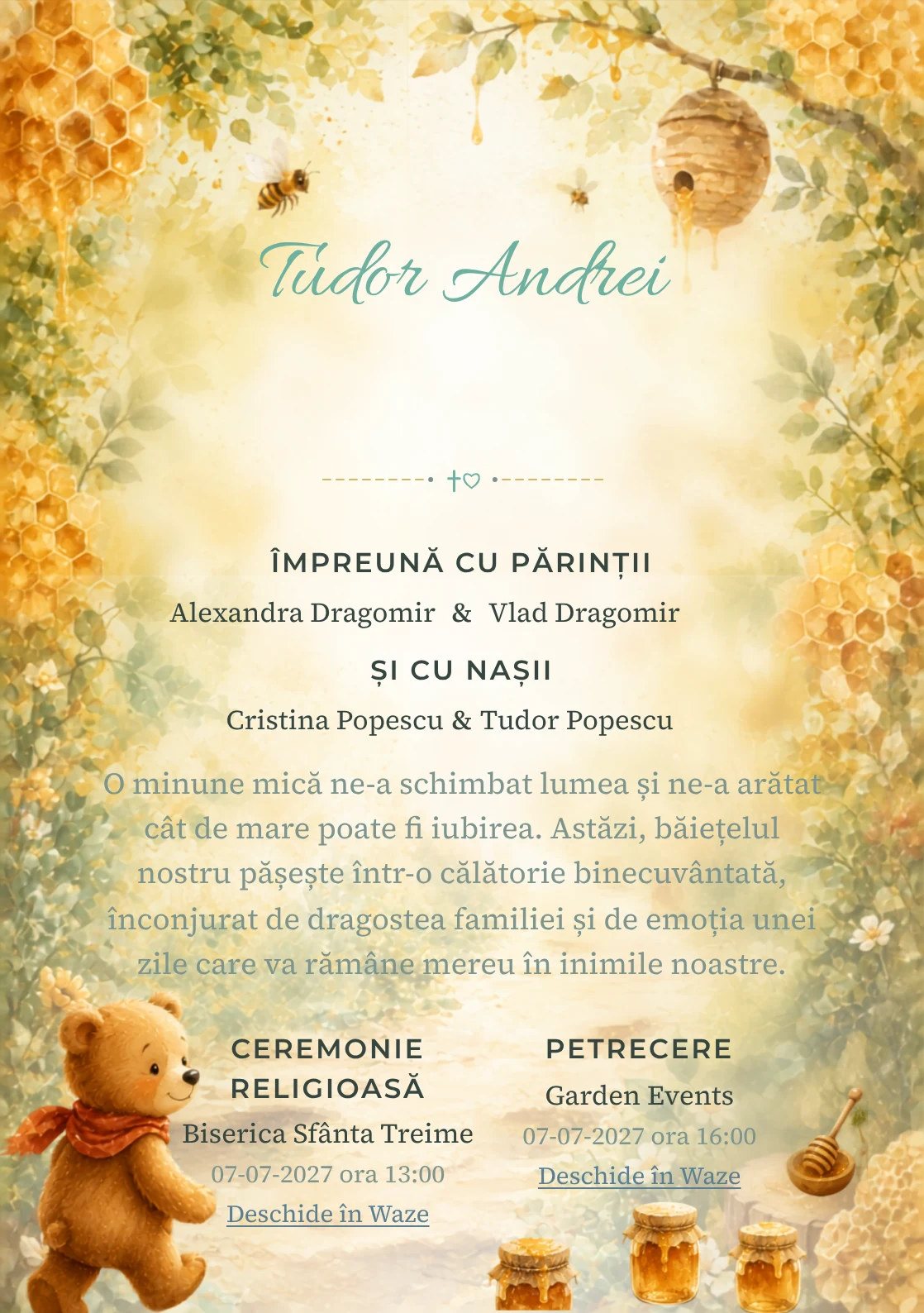 Poteca Mierii propune, din gama de invitații botez, Winnie the Pooh urmând o potecă de borcane și faguri, albine și frunze de pădure.