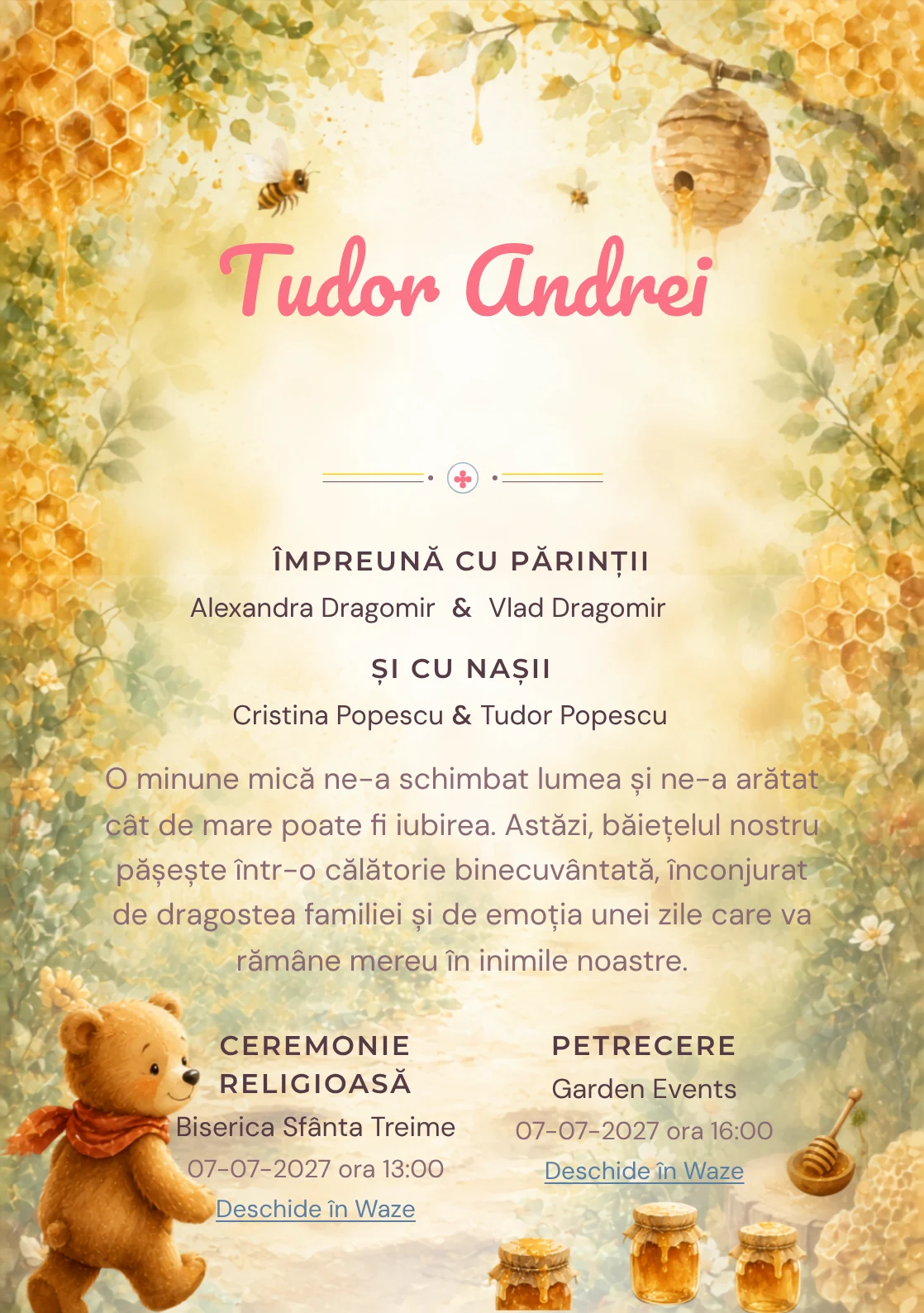 Poteca Mierii propune, din gama de invitații botez, Winnie the Pooh urmând o potecă de borcane și faguri, albine și frunze de pădure.