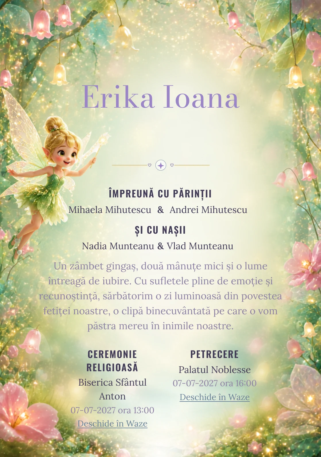 Praful Zânei, din gama de invitații botez, combină Tinker Bell plutind deasupra unei cu clopoței luminoși, într-o imagine coerentă de botez.
