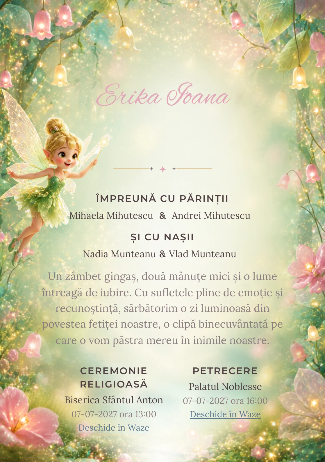 Praful Zânei, din gama de invitații botez, combină Tinker Bell plutind deasupra unei cu clopoței luminoși, într-o imagine coerentă de botez.
