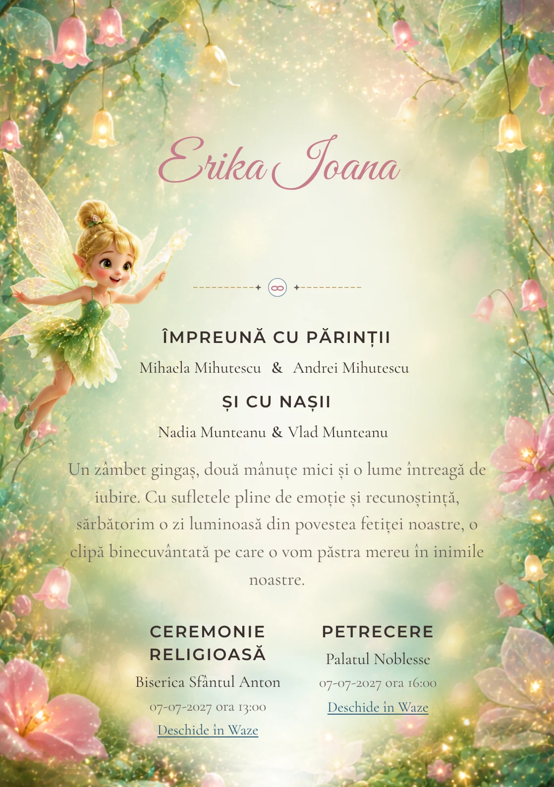 Praful Zânei, din gama de invitații botez, combină Tinker Bell plutind deasupra unei cu clopoței luminoși, într-o imagine coerentă de botez.
