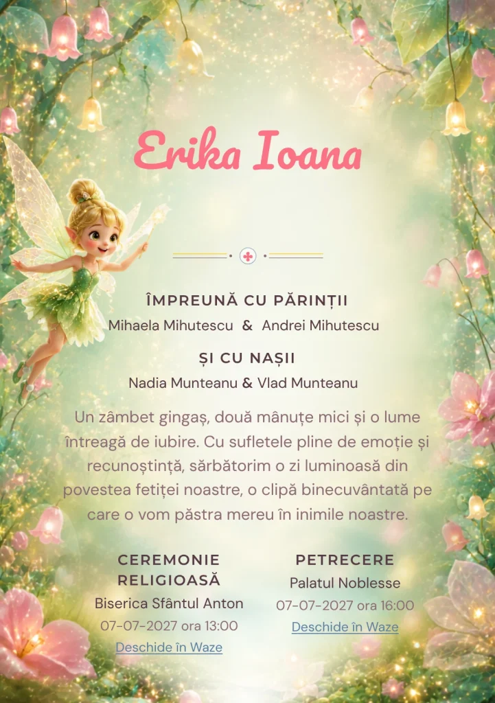 Praful Zânei, din gama de invitații botez, combină Tinker Bell plutind deasupra unei cu clopoței luminoși, într-o imagine coerentă de botez.