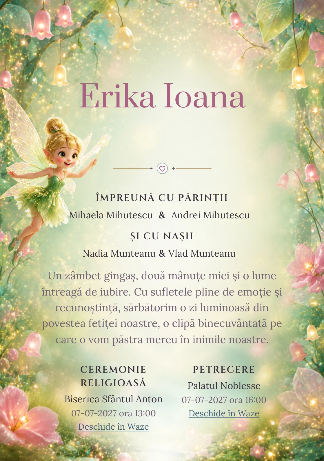 Praful Zânei, din gama de invitații botez, combină Tinker Bell plutind deasupra unei cu clopoței luminoși, într-o imagine coerentă de botez.