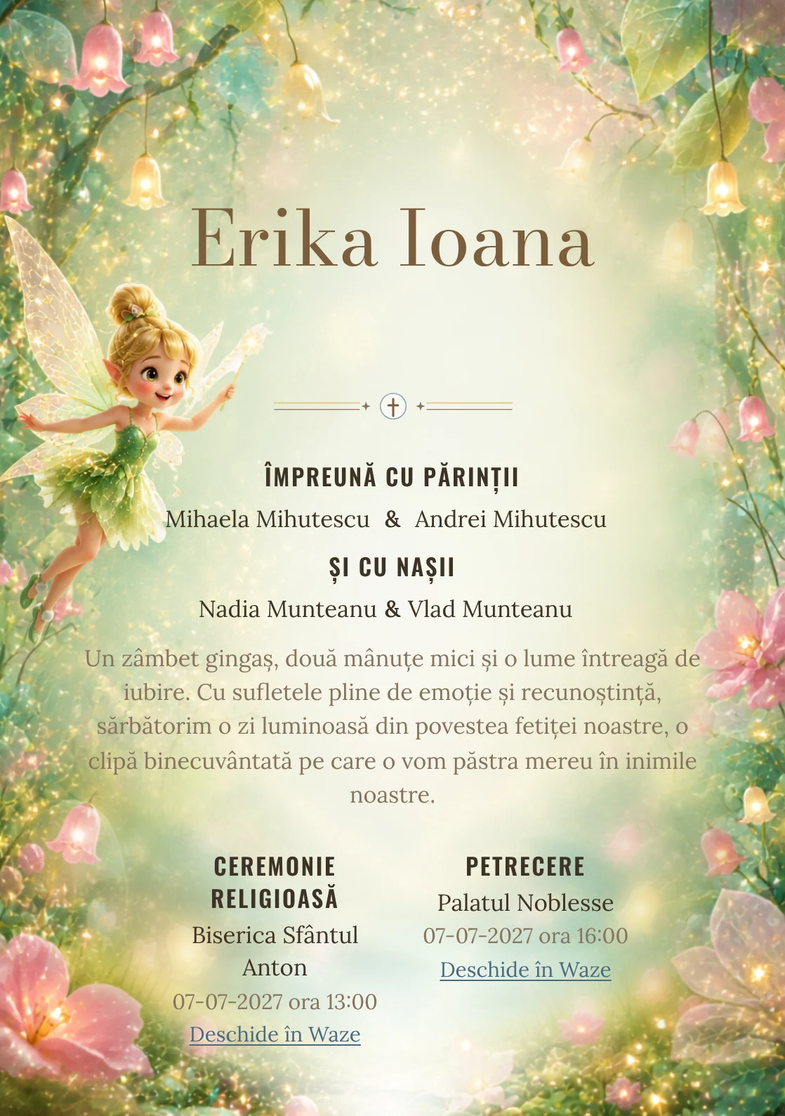 Praful Zânei, din gama de invitații botez, combină Tinker Bell plutind deasupra unei cu clopoței luminoși, într-o imagine coerentă de botez.