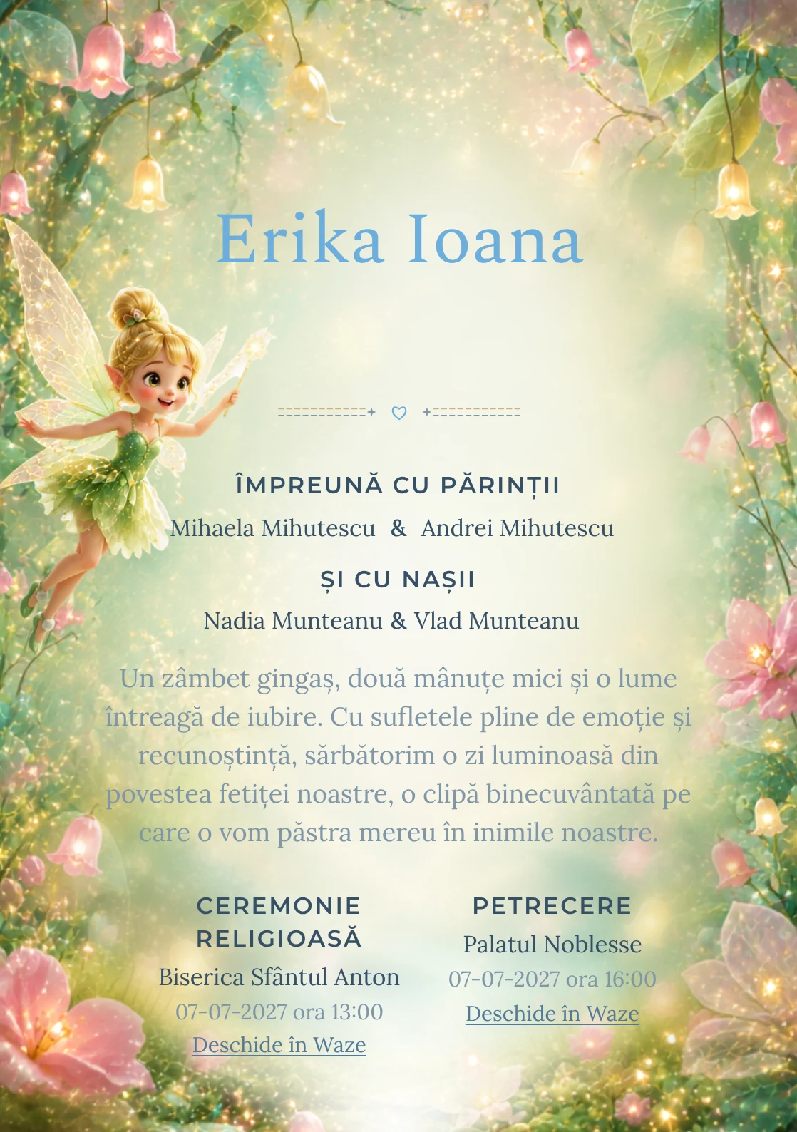 Praful Zânei, din gama de invitații botez, combină Tinker Bell plutind deasupra unei cu clopoței luminoși, într-o imagine coerentă de botez.