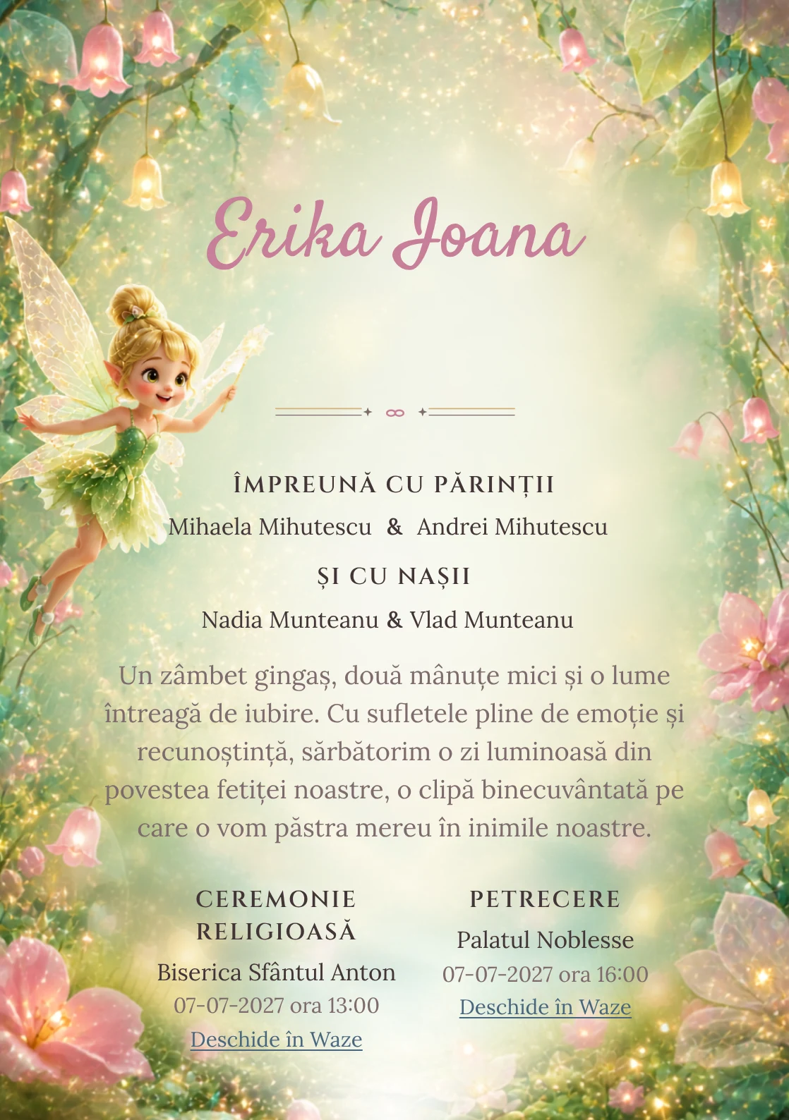 Praful Zânei, din gama de invitații botez, combină Tinker Bell plutind deasupra unei cu clopoței luminoși, într-o imagine coerentă de botez.