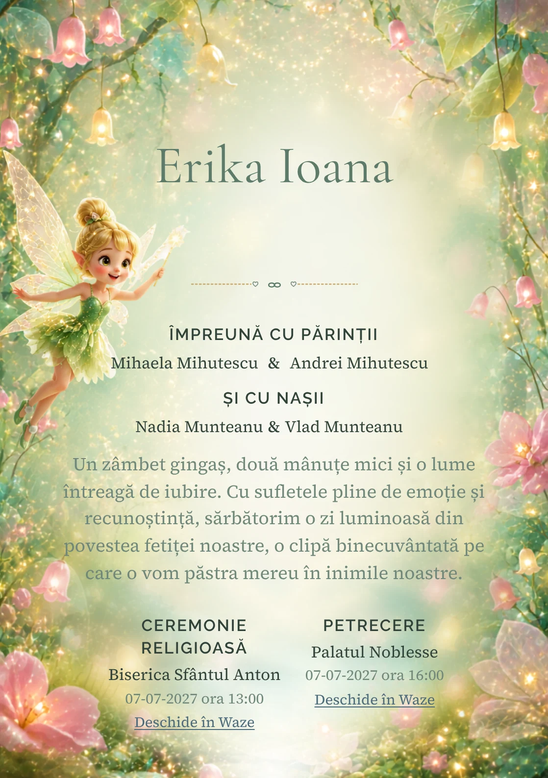Praful Zânei, din gama de invitații botez, combină Tinker Bell plutind deasupra unei cu clopoței luminoși, într-o imagine coerentă de botez.