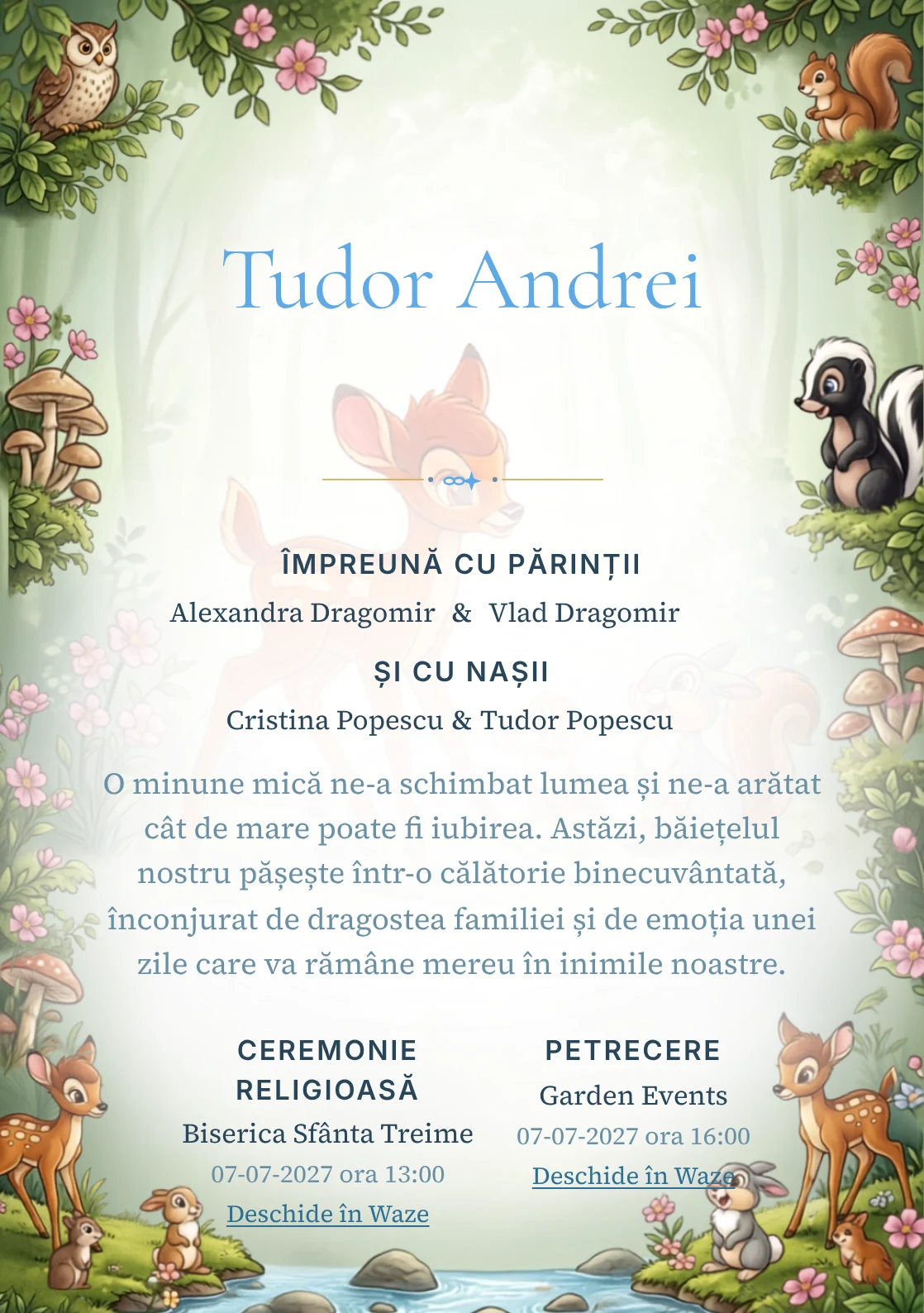 Prietenii lui Bambi, pentru o invitație de botez, are ca reper vizual Bambi și prietenii lui; compoziția include ciuperci.