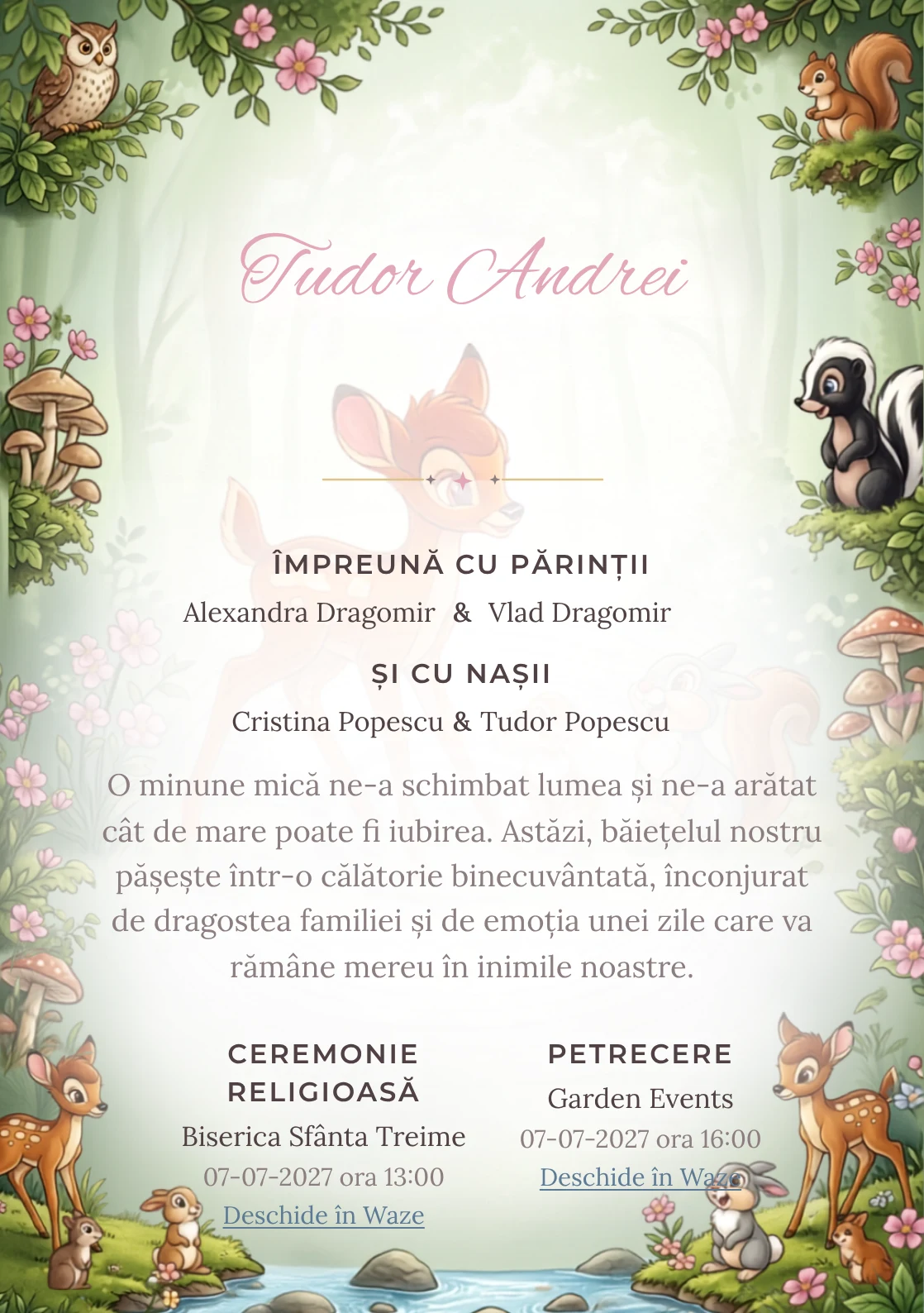 Prietenii lui Bambi, pentru o invitație de botez, are ca reper vizual Bambi și prietenii lui; compoziția include ciuperci.