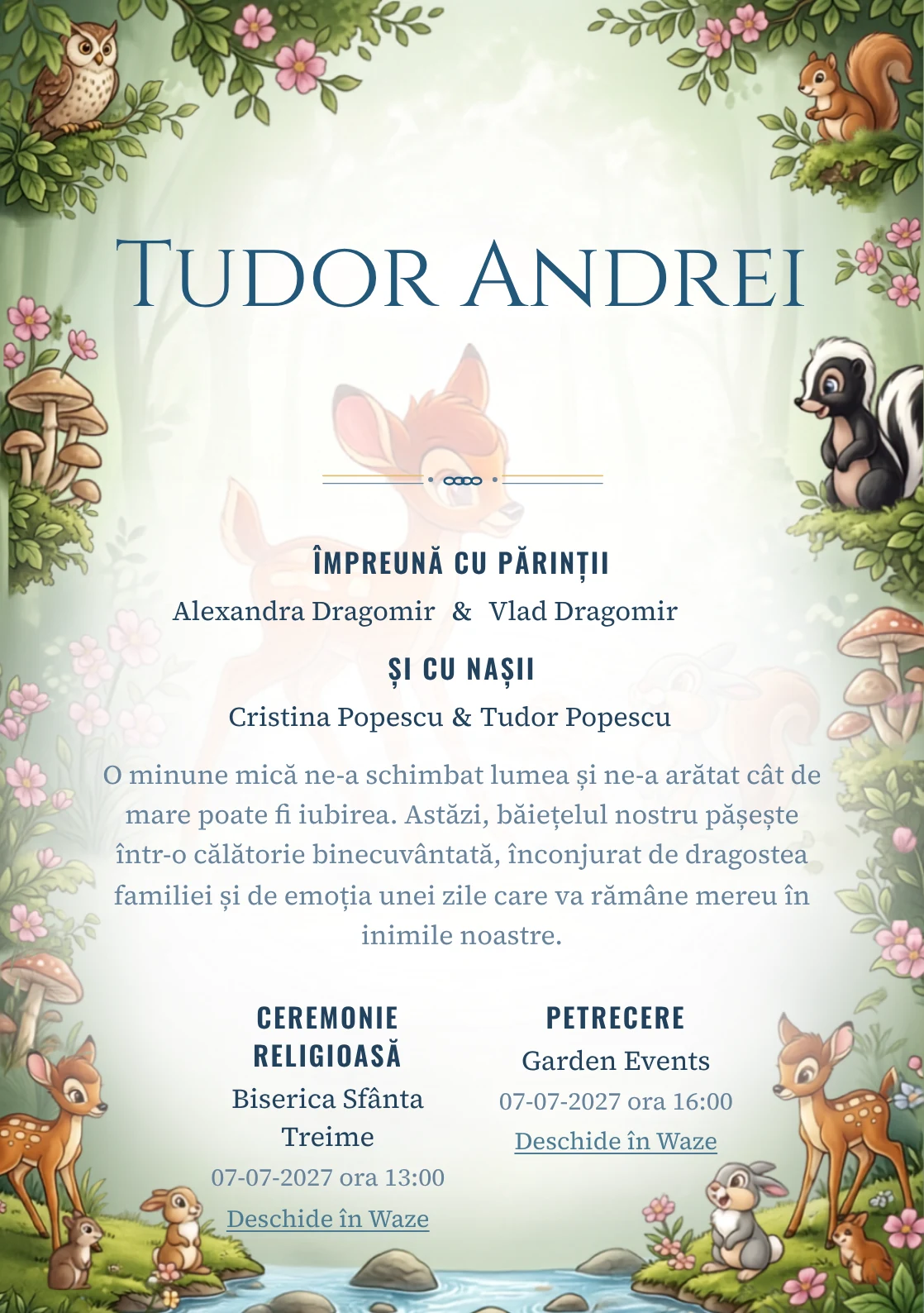 Prietenii lui Bambi, pentru o invitație de botez, are ca reper vizual Bambi și prietenii lui; compoziția include ciuperci.