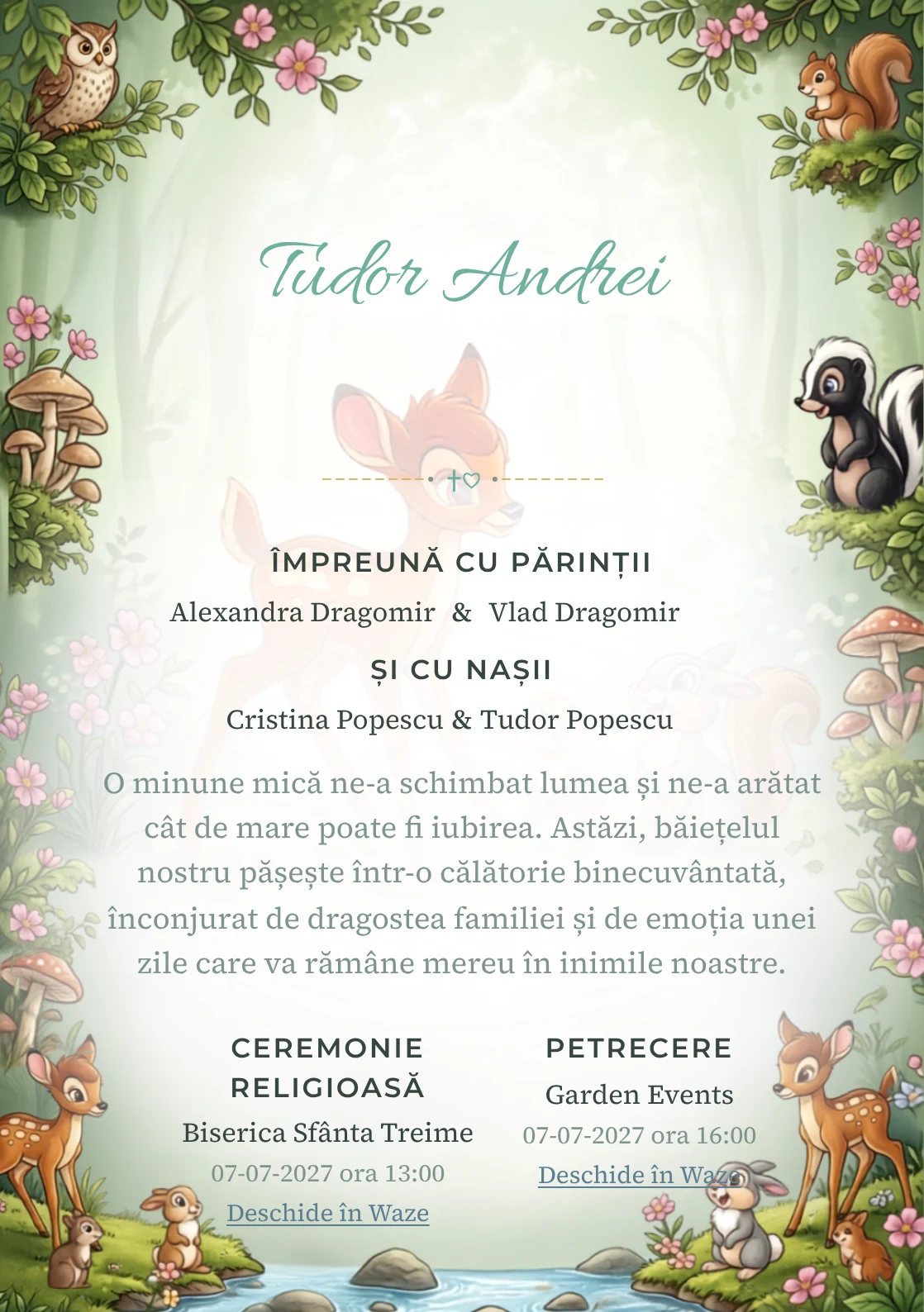 Prietenii lui Bambi, pentru o invitație de botez, are ca reper vizual Bambi și prietenii lui; compoziția include ciuperci.