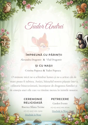 Prietenii lui Bambi, pentru o invitație de botez, are ca reper vizual Bambi și prietenii lui; compoziția include ciuperci.