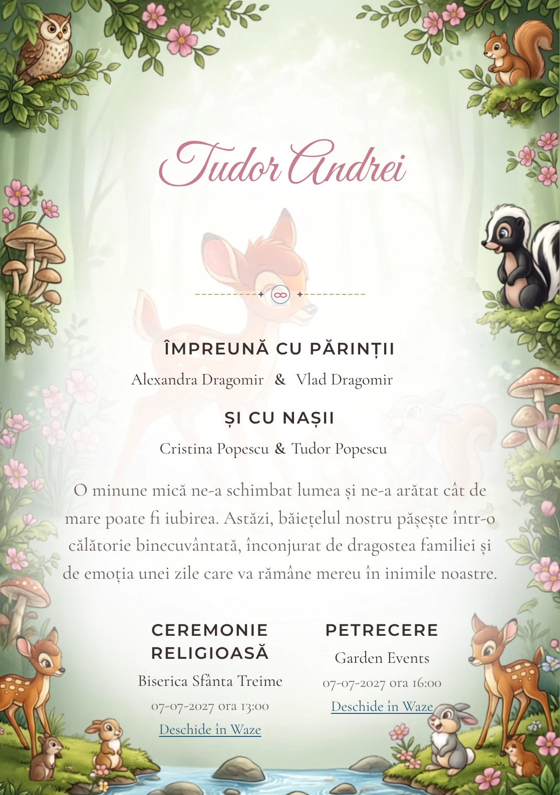 Prietenii lui Bambi, pentru o invitație de botez, are ca reper vizual Bambi și prietenii lui; compoziția include ciuperci.