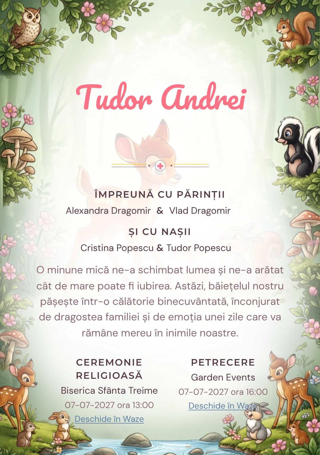 Prietenii lui Bambi, pentru o invitație de botez, are ca reper vizual Bambi și prietenii lui; compoziția include ciuperci.