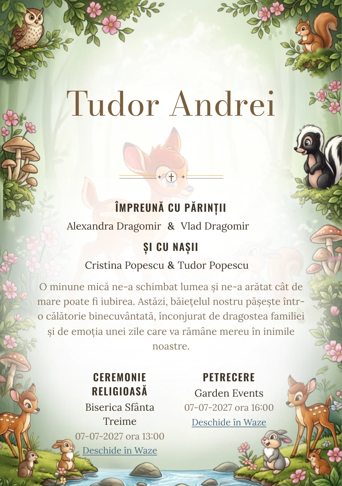 Prietenii lui Bambi, pentru o invitație de botez, are ca reper vizual Bambi și prietenii lui; compoziția include ciuperci.