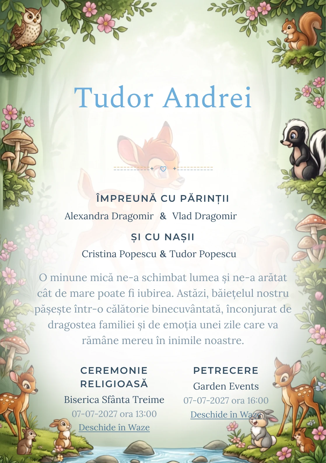 Prietenii lui Bambi, pentru o invitație de botez, are ca reper vizual Bambi și prietenii lui; compoziția include ciuperci.