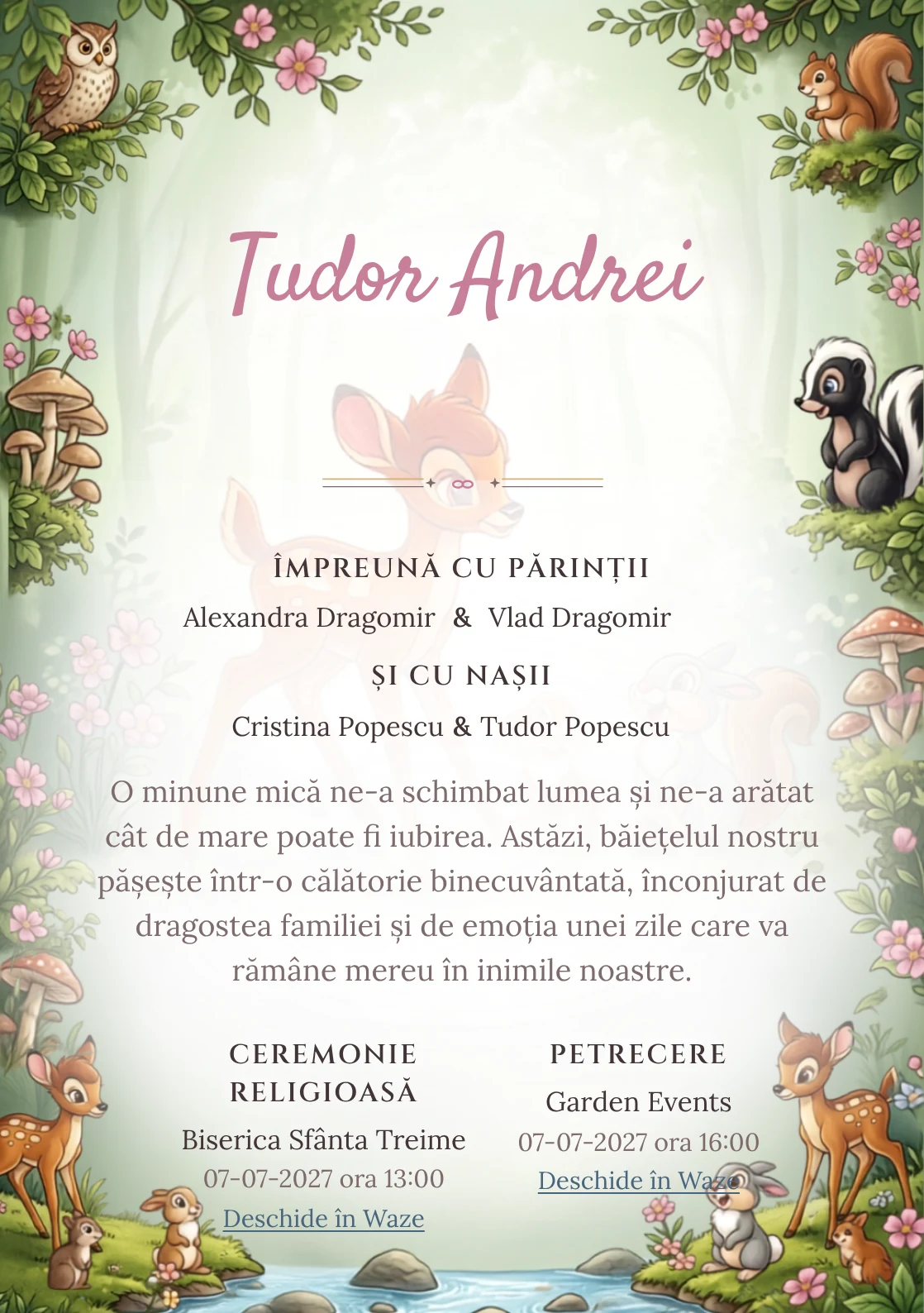 Prietenii lui Bambi, pentru o invitație de botez, are ca reper vizual Bambi și prietenii lui; compoziția include ciuperci.