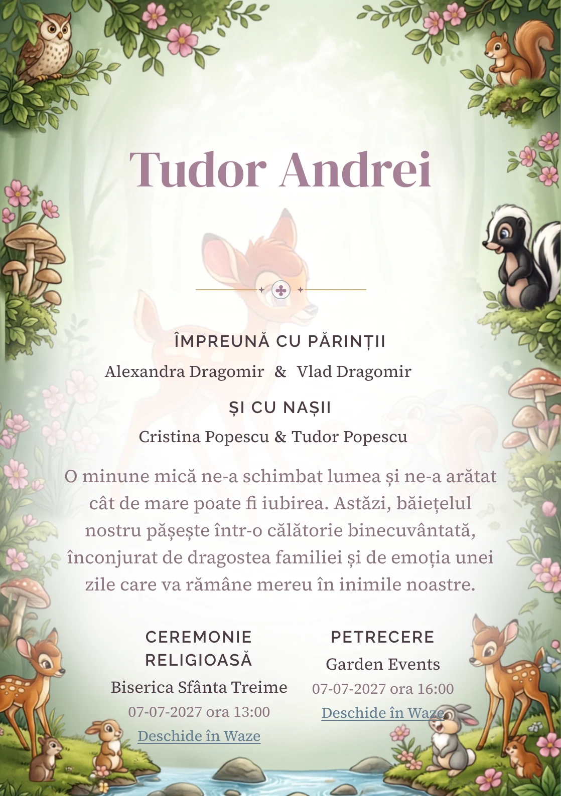 Prietenii lui Bambi, pentru o invitație de botez, are ca reper vizual Bambi și prietenii lui; compoziția include ciuperci.
