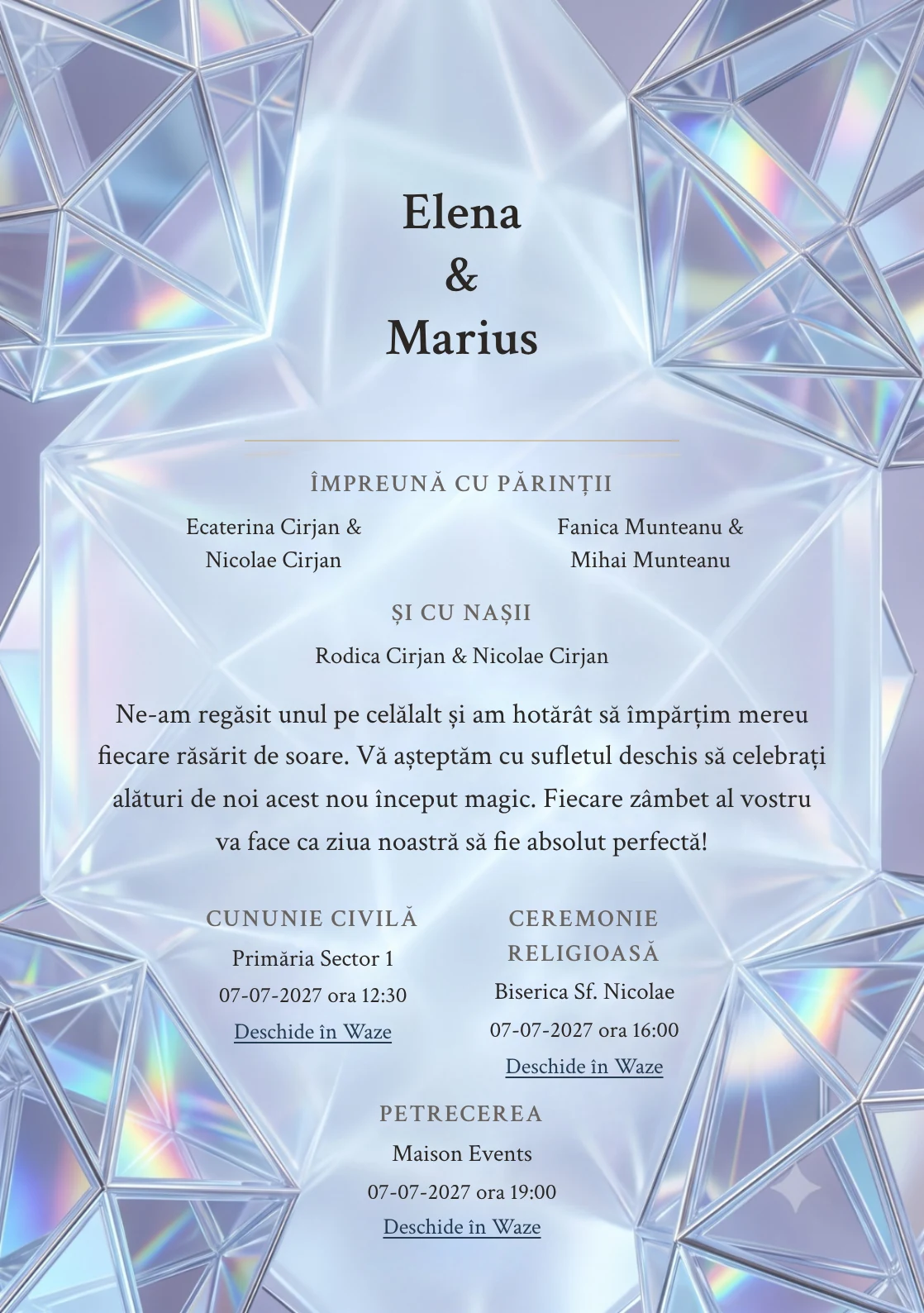 Prisma Irizată, pentru o invitație de nuntă, pune accent pe forme cristaline geometrice suprapuse, alături de tonuri de bleu gheață, lila fumuriu și alb opalin.