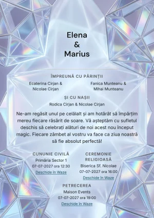 Prisma Irizată, pentru o invitație de nuntă, pune accent pe forme cristaline geometrice suprapuse, alături de tonuri de bleu gheață, lila fumuriu și alb opalin.