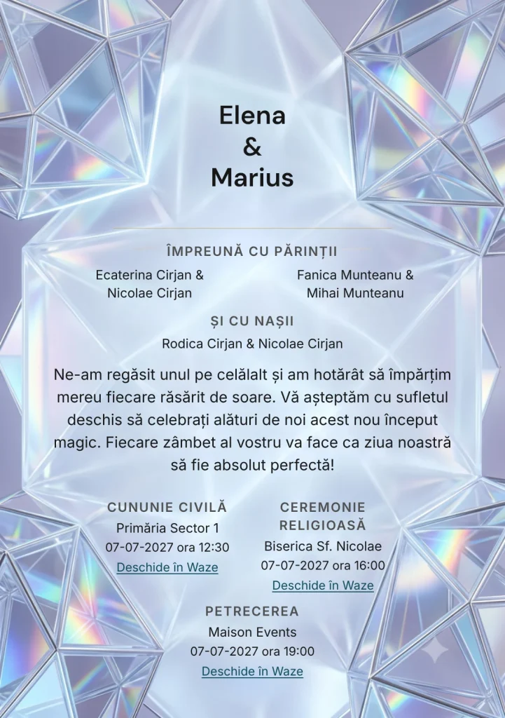 Prisma Irizată, pentru o invitație de nuntă, pune accent pe forme cristaline geometrice suprapuse, alături de tonuri de bleu gheață, lila fumuriu și alb opalin.