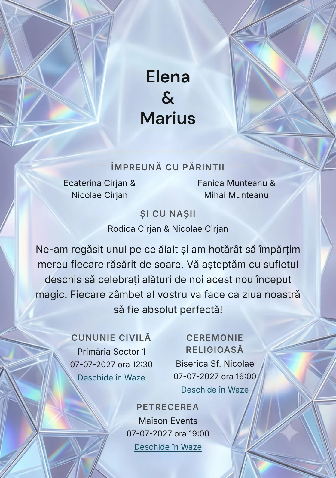 Prisma Irizată, pentru o invitație de nuntă, pune accent pe forme cristaline geometrice suprapuse, alături de tonuri de bleu gheață, lila fumuriu și alb opalin.