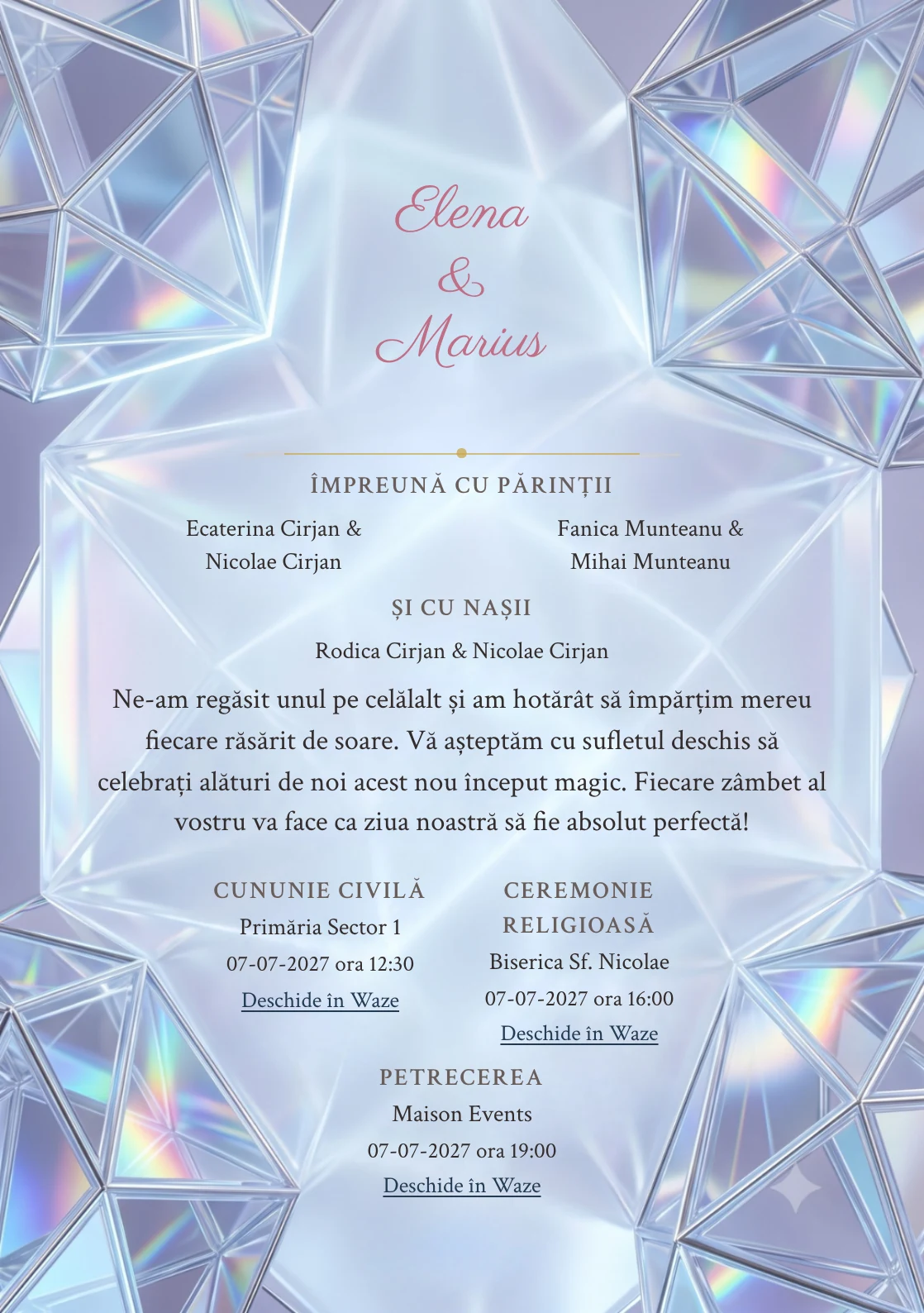 Prisma Irizată, pentru o invitație de nuntă, pune accent pe forme cristaline geometrice suprapuse, alături de tonuri de bleu gheață, lila fumuriu și alb opalin.