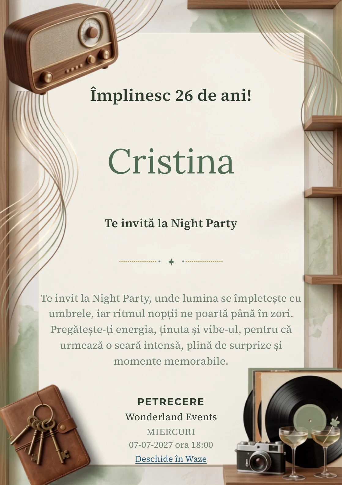 Pentru aniversările adulților, Radio Lounge propune invitații online cu un radio și unde grafice și nuanțe de nuc și caramel.