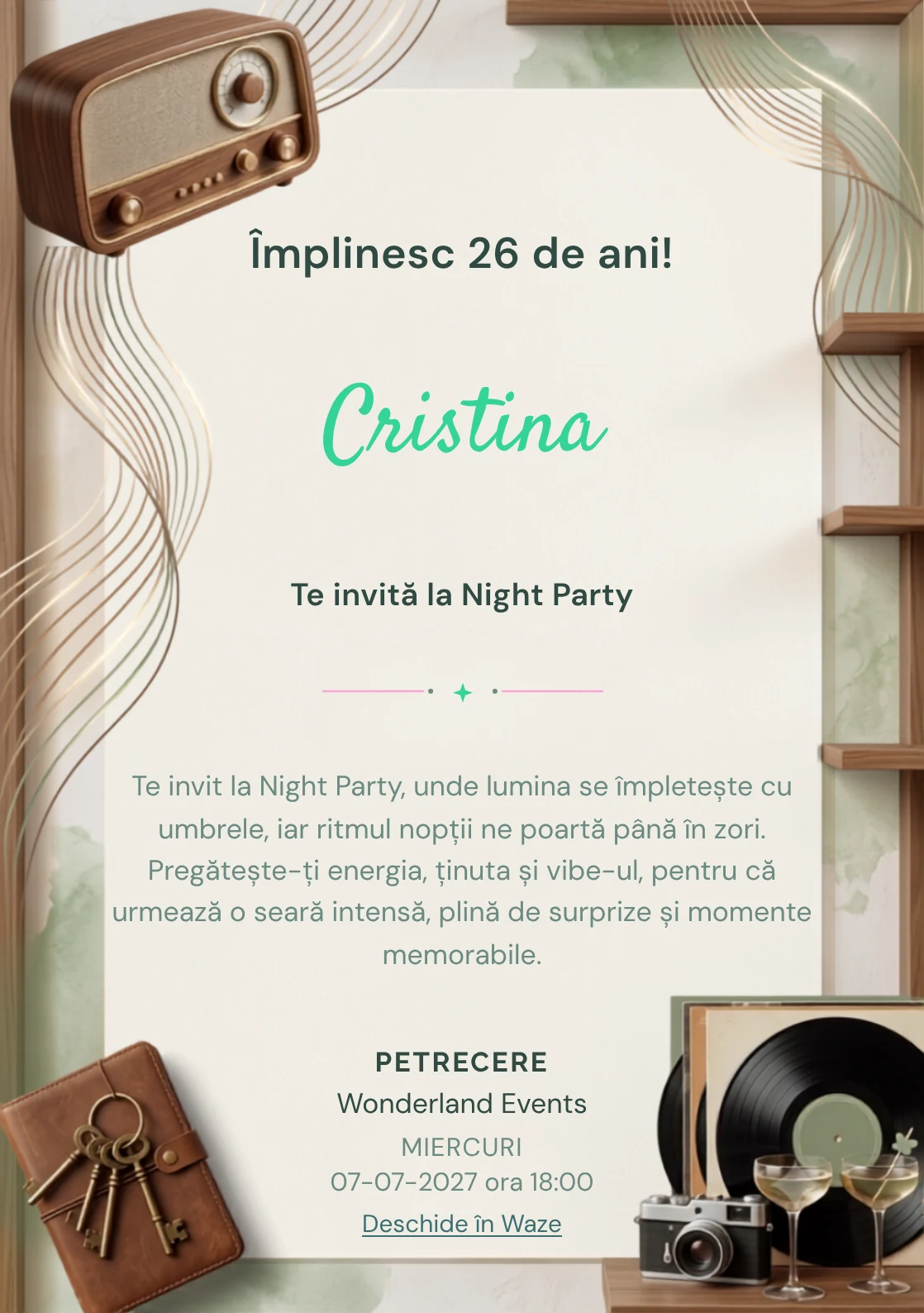 Pentru aniversările adulților, Radio Lounge propune invitații online cu un radio și unde grafice și nuanțe de nuc și caramel.