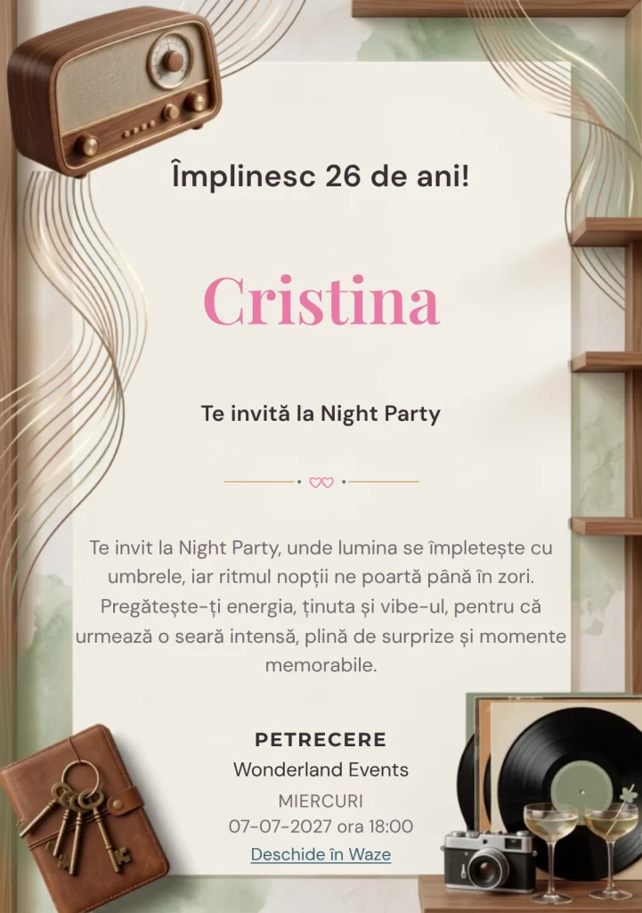 Pentru aniversările adulților, Radio Lounge propune invitații online cu un radio și unde grafice și nuanțe de nuc și caramel.