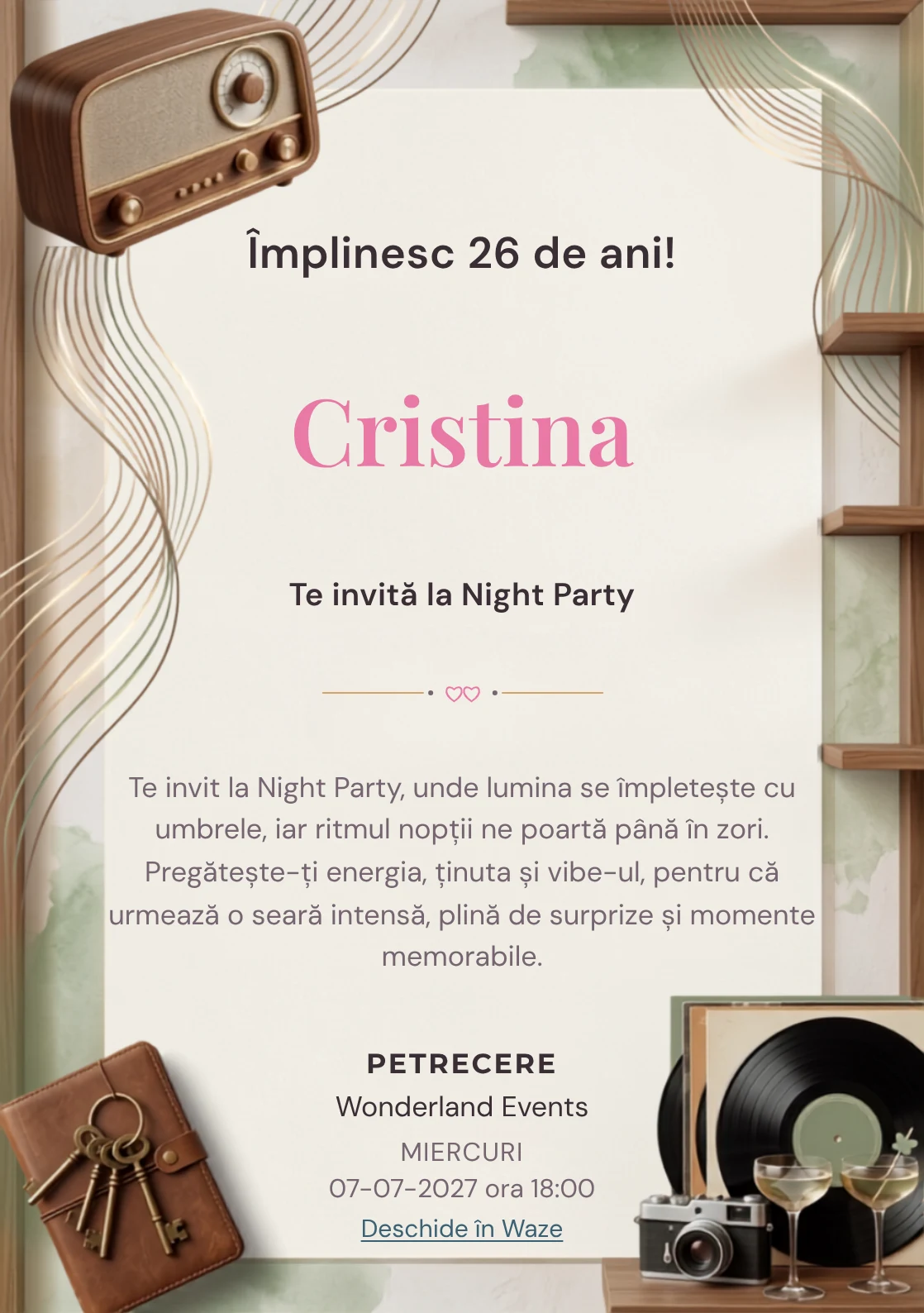 Pentru aniversările adulților, Radio Lounge propune invitații online cu un radio și unde grafice și nuanțe de nuc și caramel.