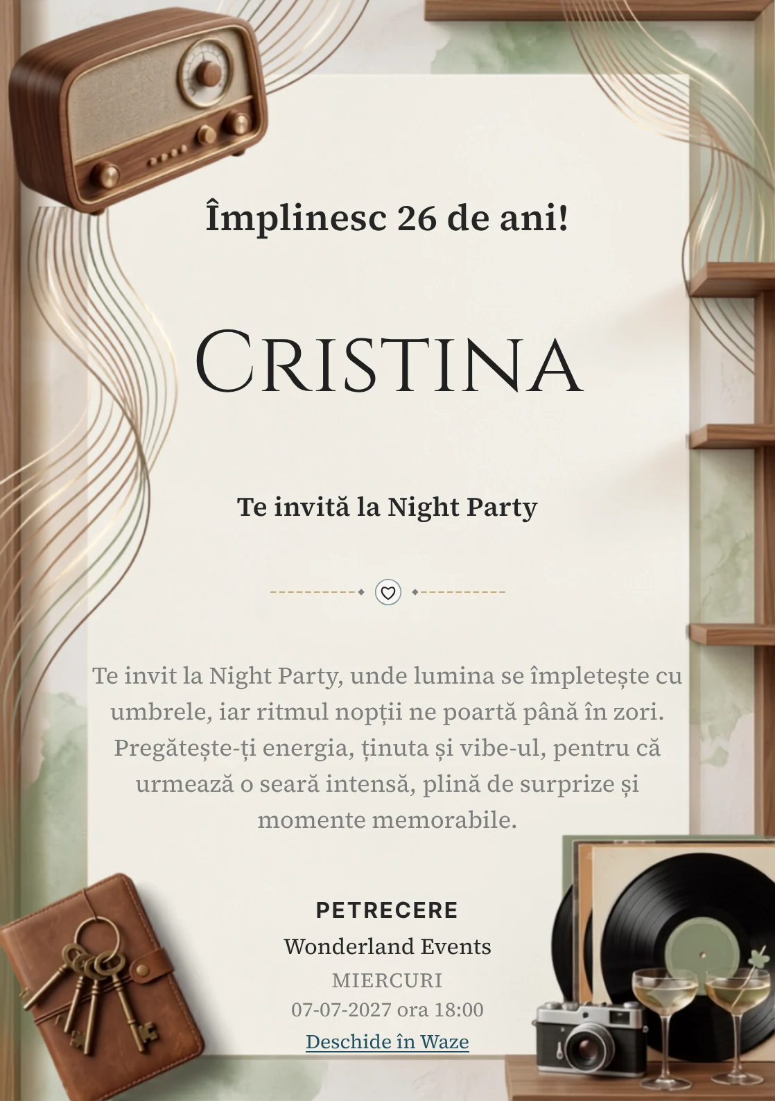 Pentru aniversările adulților, Radio Lounge propune invitații online cu un radio și unde grafice și nuanțe de nuc și caramel.