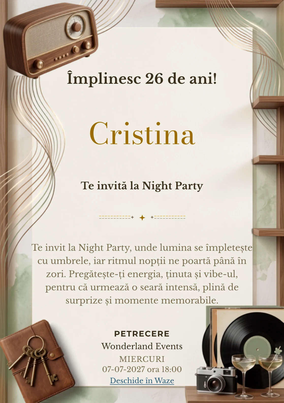Pentru aniversările adulților, Radio Lounge propune invitații online cu un radio și unde grafice și nuanțe de nuc și caramel.