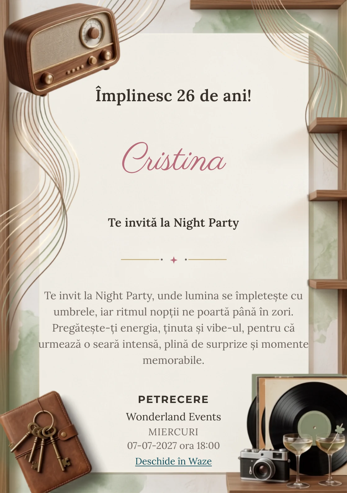 Pentru aniversările adulților, Radio Lounge propune invitații online cu un radio și unde grafice și nuanțe de nuc și caramel.