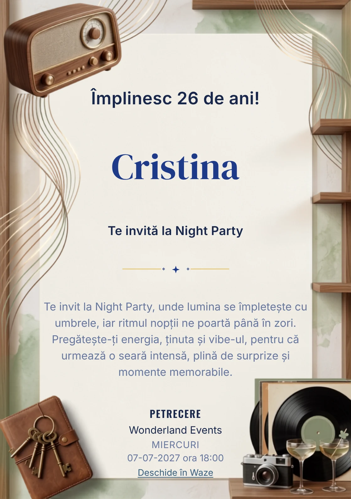 Pentru aniversările adulților, Radio Lounge propune invitații online cu un radio și unde grafice și nuanțe de nuc și caramel.