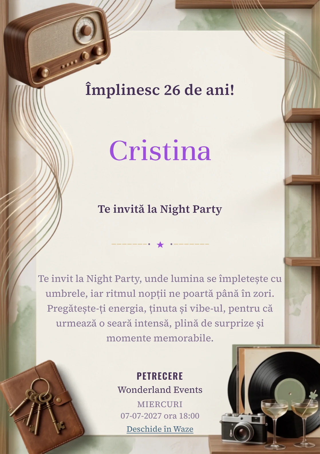 Pentru aniversările adulților, Radio Lounge propune invitații online cu un radio și unde grafice și nuanțe de nuc și caramel.