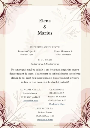 Ramură de Contur, pentru o invitație de nuntă, prezintă ramură monoline supradimensionată, completat vizual de nuanțe de crem alabastru, bordo prăfuit și roz cuarț.