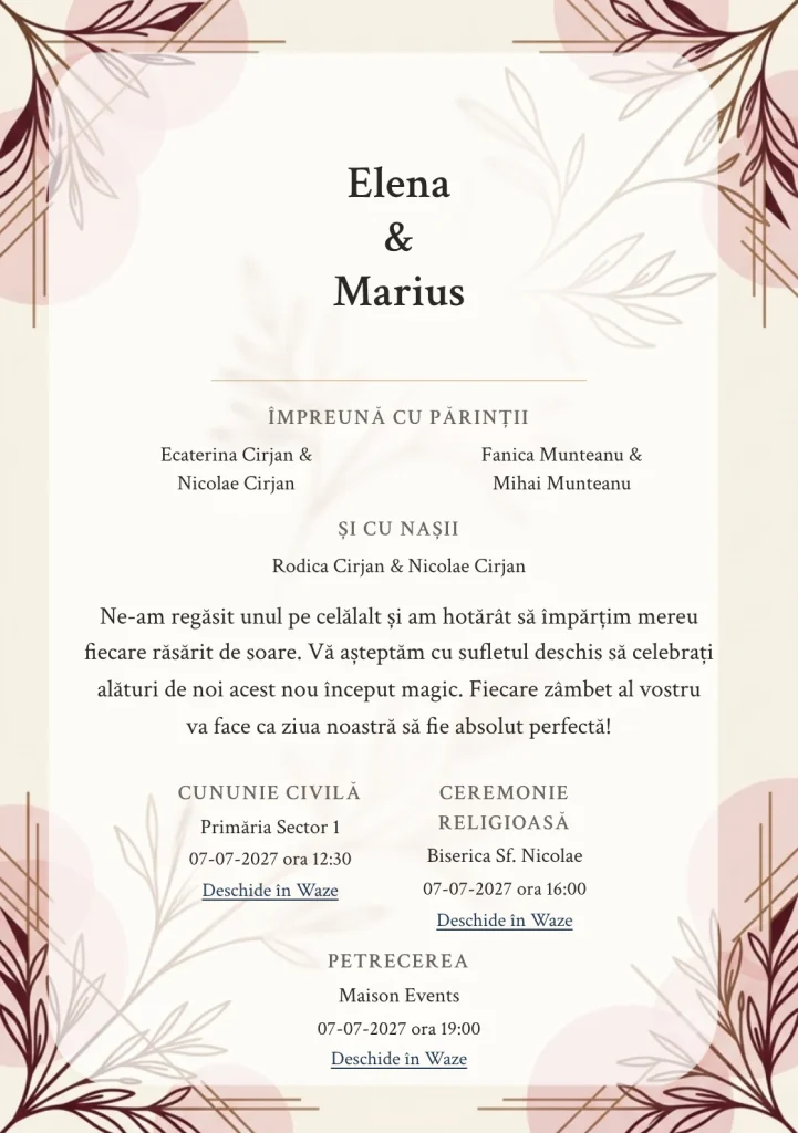 Ramură de Contur, pentru o invitație de nuntă, prezintă ramură monoline supradimensionată, completat vizual de nuanțe de crem alabastru, bordo prăfuit și roz cuarț.