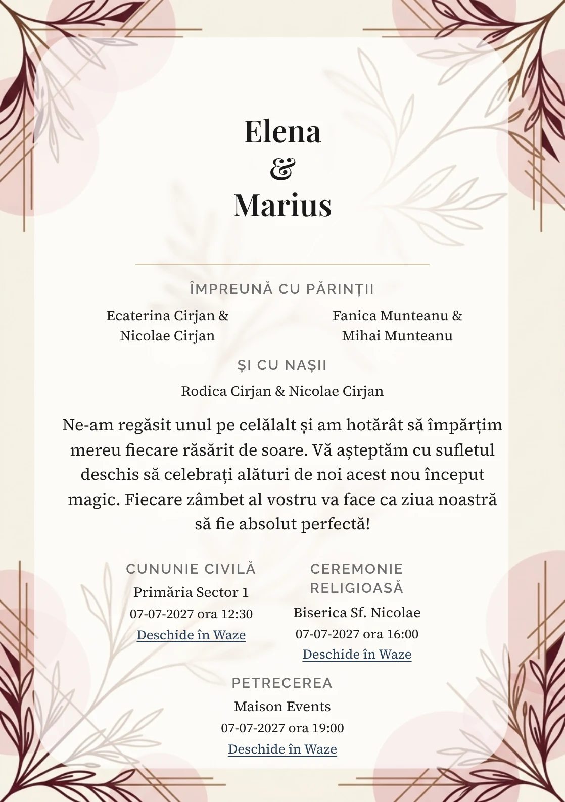 Ramură de Contur, pentru o invitație de nuntă, prezintă ramură monoline supradimensionată, completat vizual de nuanțe de crem alabastru, bordo prăfuit și roz cuarț.