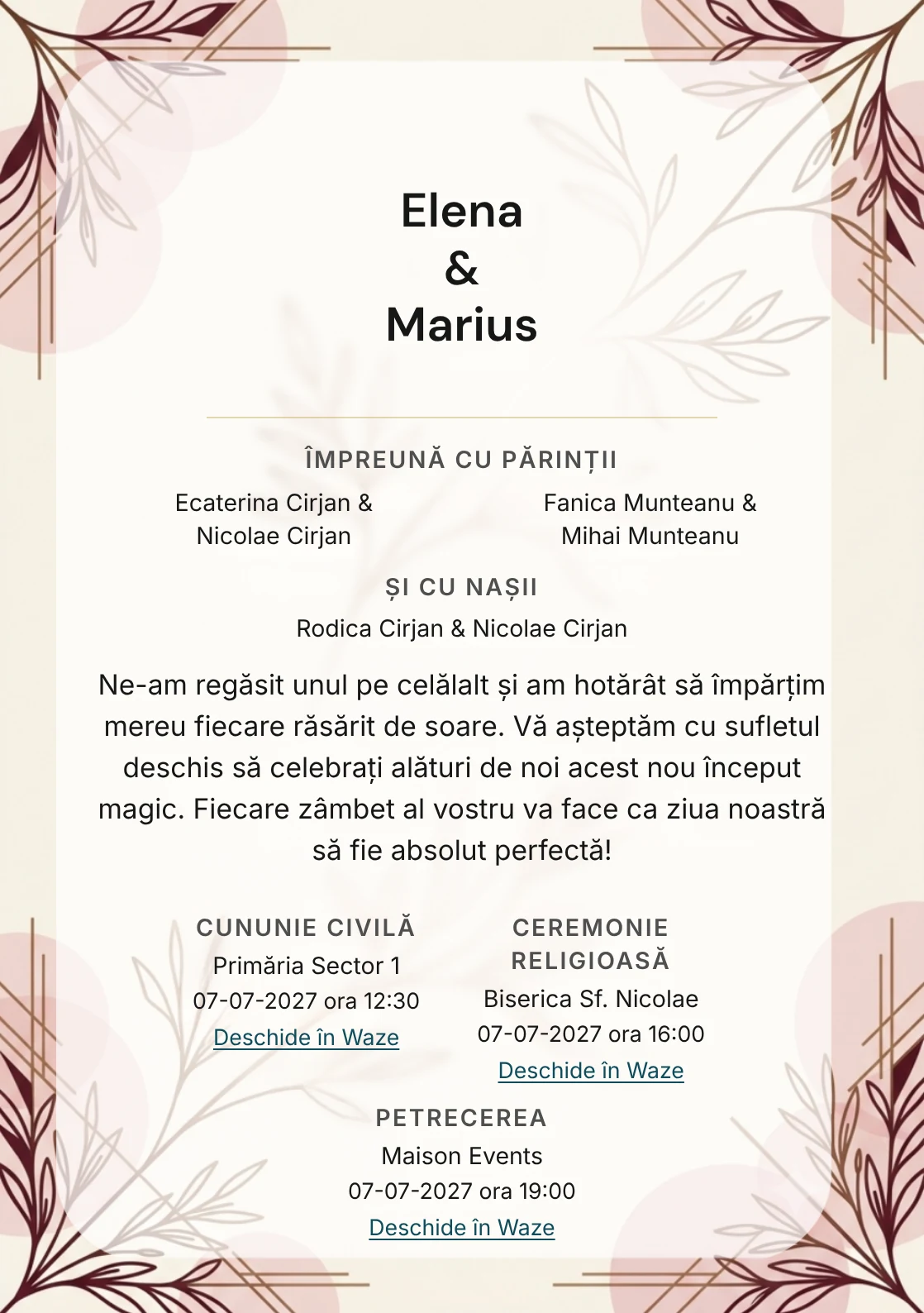 Ramură de Contur, pentru o invitație de nuntă, prezintă ramură monoline supradimensionată, completat vizual de nuanțe de crem alabastru, bordo prăfuit și roz cuarț.