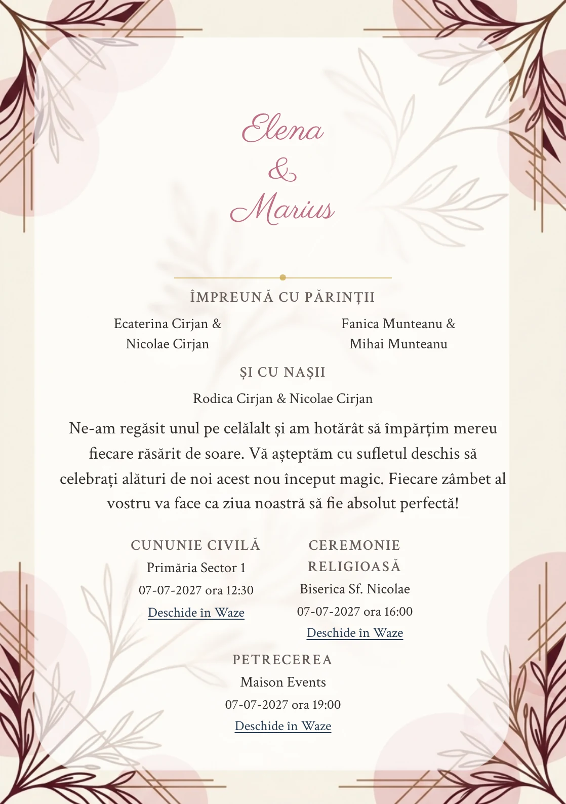Ramură de Contur, pentru o invitație de nuntă, prezintă ramură monoline supradimensionată, completat vizual de nuanțe de crem alabastru, bordo prăfuit și roz cuarț.
